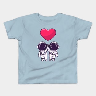 Cute Couple Astronaut Floating With Love Heart Balloon  Cartoon Kids T-Shirt